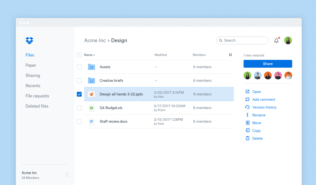 dropbox files dashboard